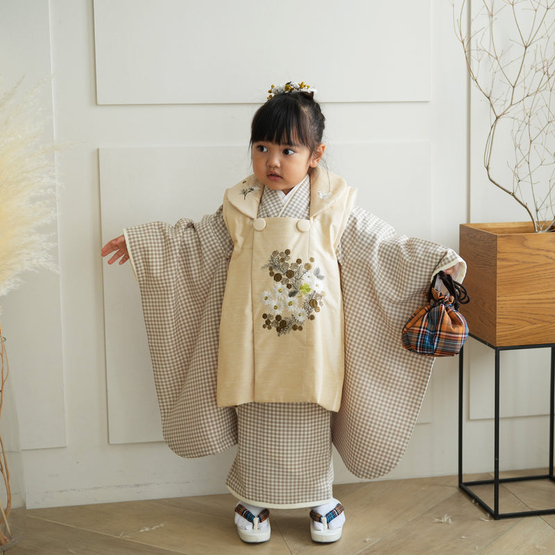 【レンタル】七五三 3歳 着物 女の子 kami shibai 被布セット 子供 kids 三つ身 お祝い着 往復送料無料 （1403616300）