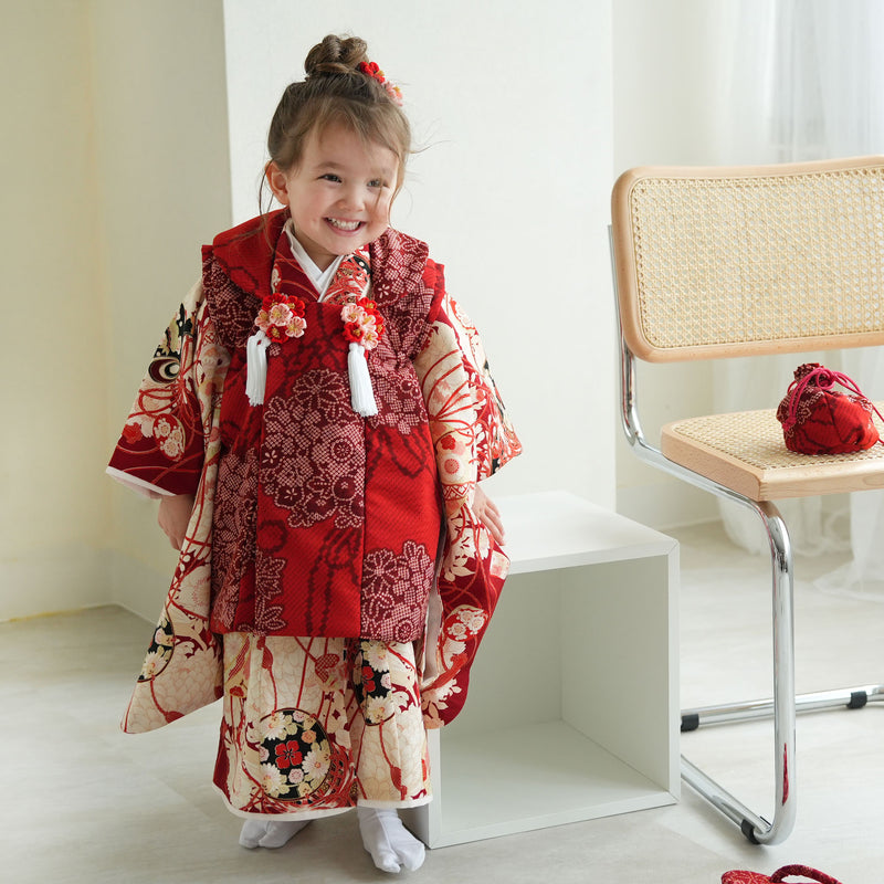 レンタル】七五三着物 3歳女の子 被布セット 華徒然 菊 桜 鞠 鼓 疋田