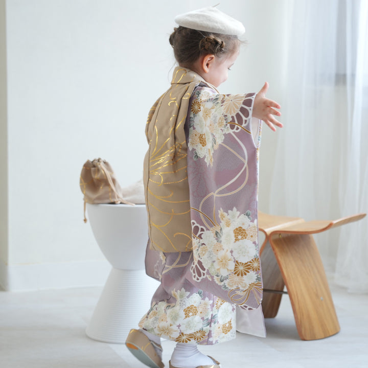 ひよこ商店 七五三 着物 3歳 女の子 被布セット グレー雪輪×シナモン金彩 ひよこ商店 七五三 着物 3歳 女の子 被布セット グレー雪輪×シナモン