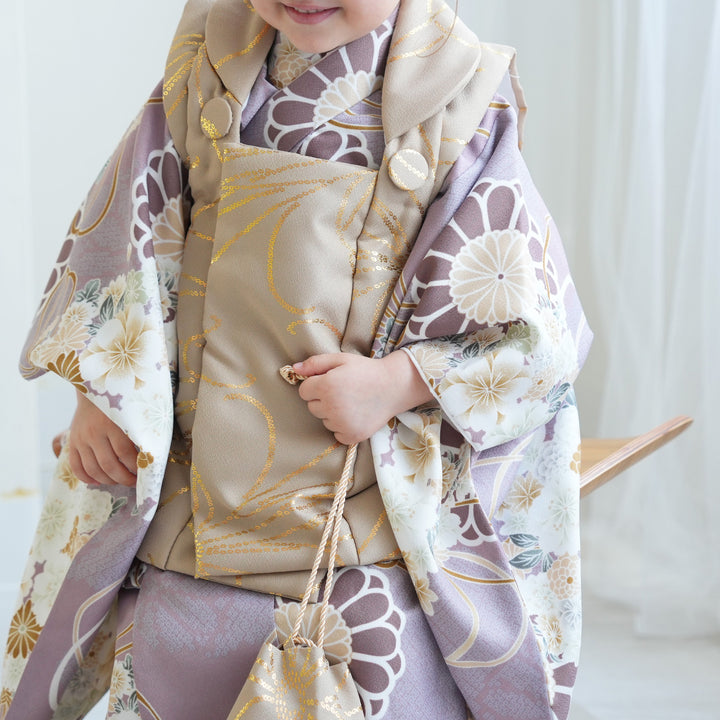 七五三 3歳 女の子 被布着物セット　くすみカラー　ニュアンスカラー　ひよこ商店 レンタル】七五三 3歳 女の子 ひよこ商店 被布セット 子供 kids 三つ身