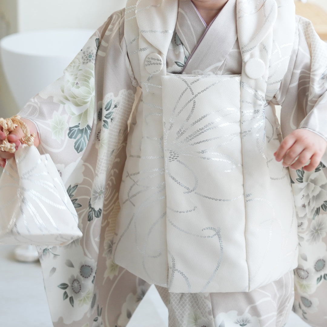 【コメントの方専用】ひよこ商店3歳七五三　花 薄ピンク クリーム銀彩×グレー雪輪 コメントの方専用】ひよこ商店3歳七五三 花 薄ピンク クリーム銀彩×