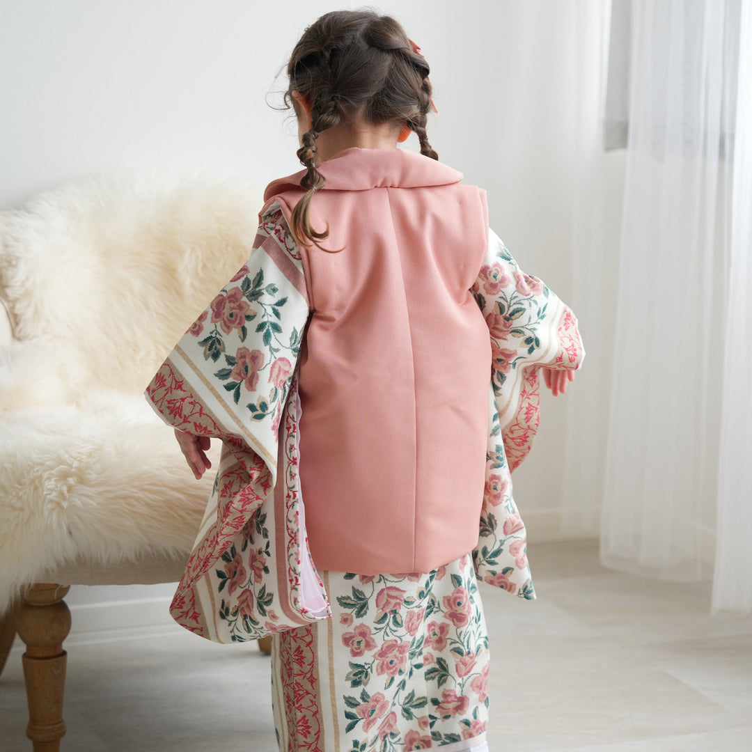 アンティーク着物　被布　七五三用 花柄 ピンク衣装　3歳　大正ロマン 七五三3歳用被布コートセット 女の子 ひよこ商店 レトロ大正浪漫
