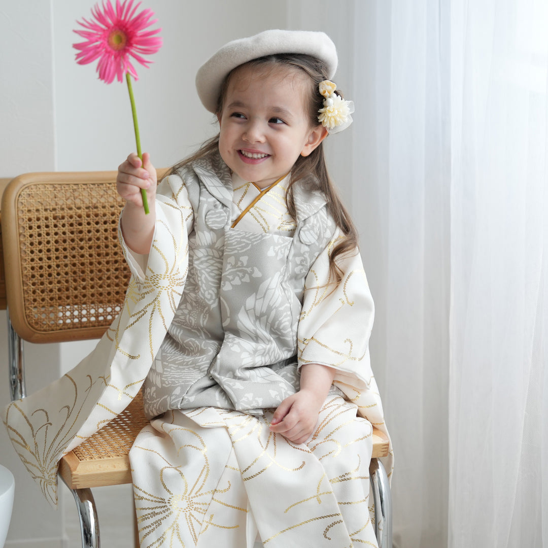 レンタル】七五三着物 3歳女の子 被布セット 灰緑鳳凰×クリーム金彩