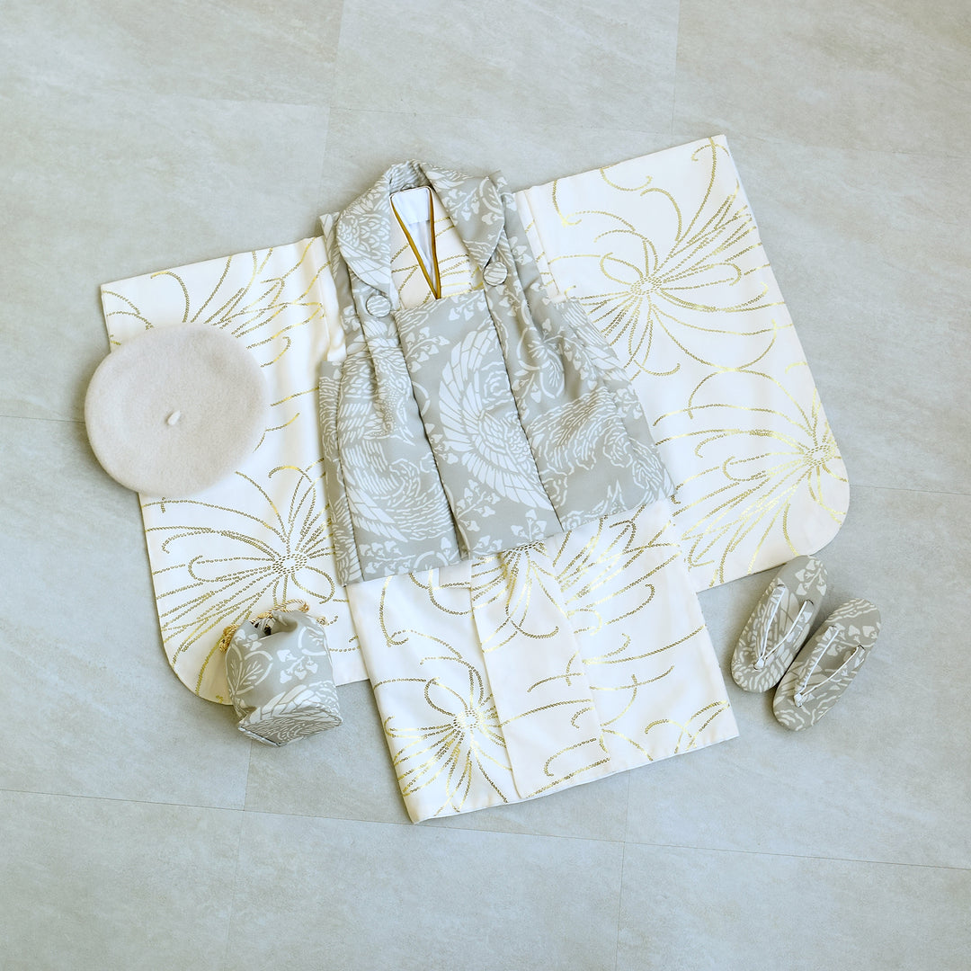 新品　ひよこ商店　3歳　フルセット　七五三 男の子　女の子　灰緑鳳凰×金彩　被布 1405606000_1_67949c57-6986-