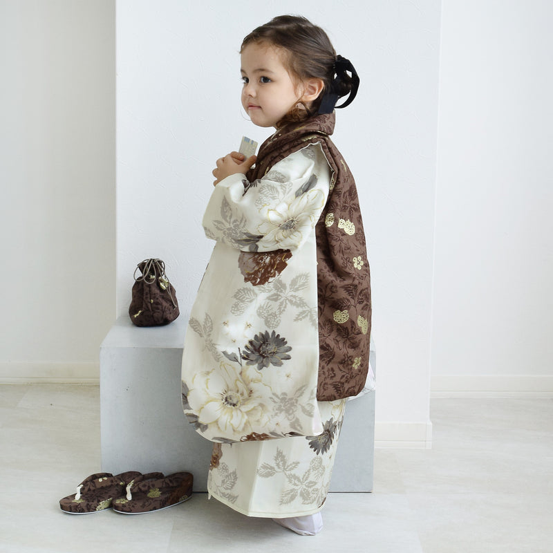 【レンタル】七五三着物 3歳女の子 被布セット JILLSTUART / ジル・スチュアート パンジーとクチナシ・ブラウン （1403625800）