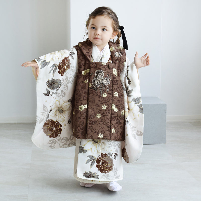 【レンタル】七五三着物 3歳女の子 被布セット JILLSTUART / ジル・スチュアート パンジーとクチナシ・ブラウン （1403625800）