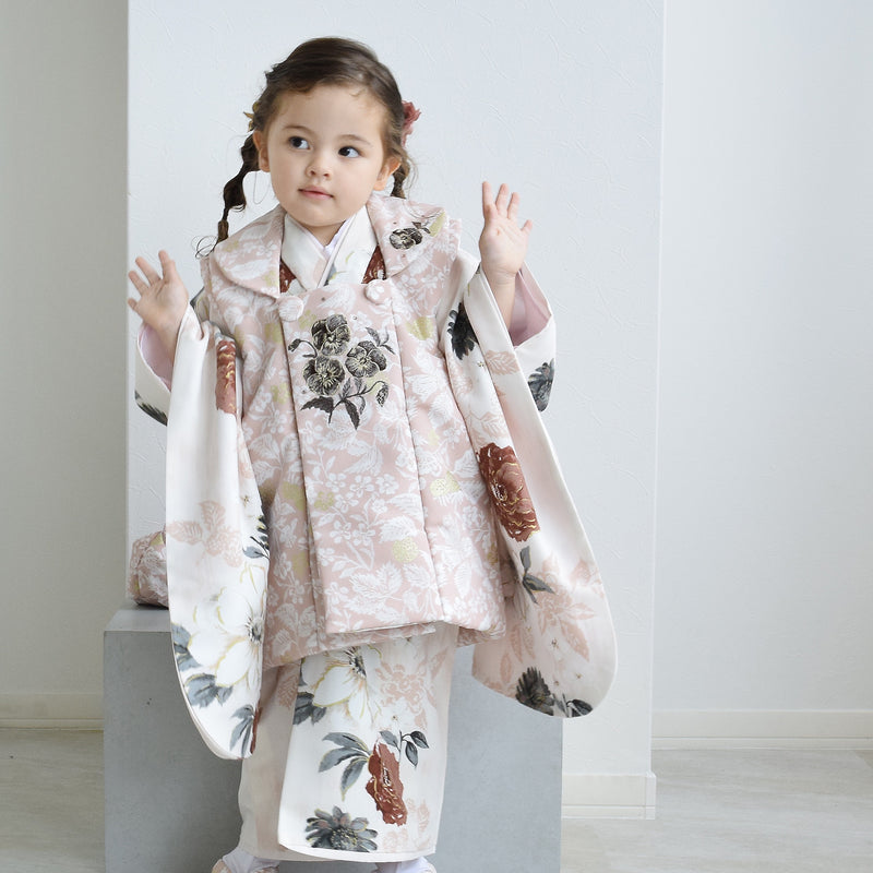 【レンタル】七五三着物 3歳女の子 被布セット JILLSTUART / ジル・スチュアート パンジーとクチナシ・ピンク （1403625900）