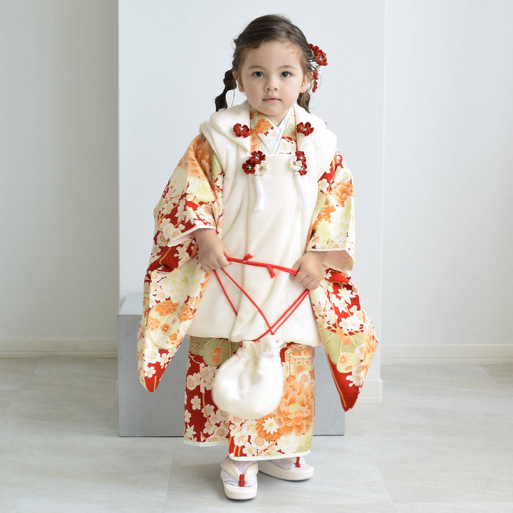 レンタル】七五三着物 3歳女の子 被布セット 華徒然 菊牡丹薬玉・白