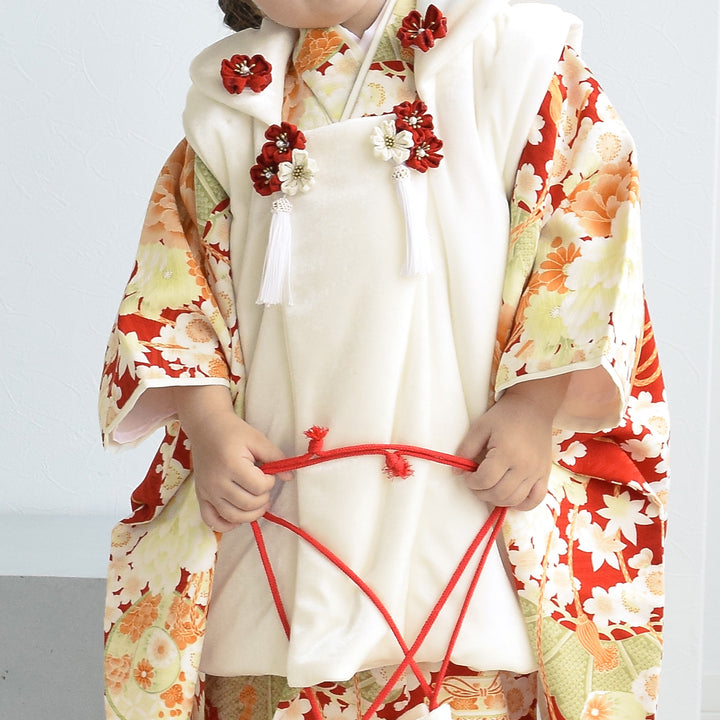 レンタル】七五三着物 3歳女の子 被布セット 華徒然 菊牡丹薬玉・白