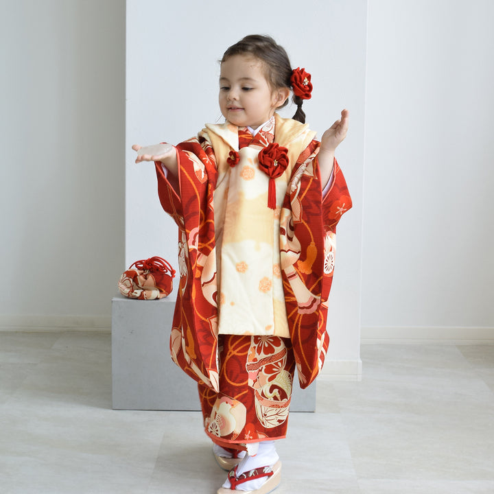 レンタル】七五三着物 3歳女の子 被布セット 京舞 雪輪に梅・薄橙