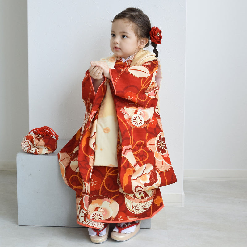 【レンタル】七五三着物 3歳女の子 被布セット 京舞 雪輪に梅・薄橙（1403626300）※2025年10～11月予約空き無し