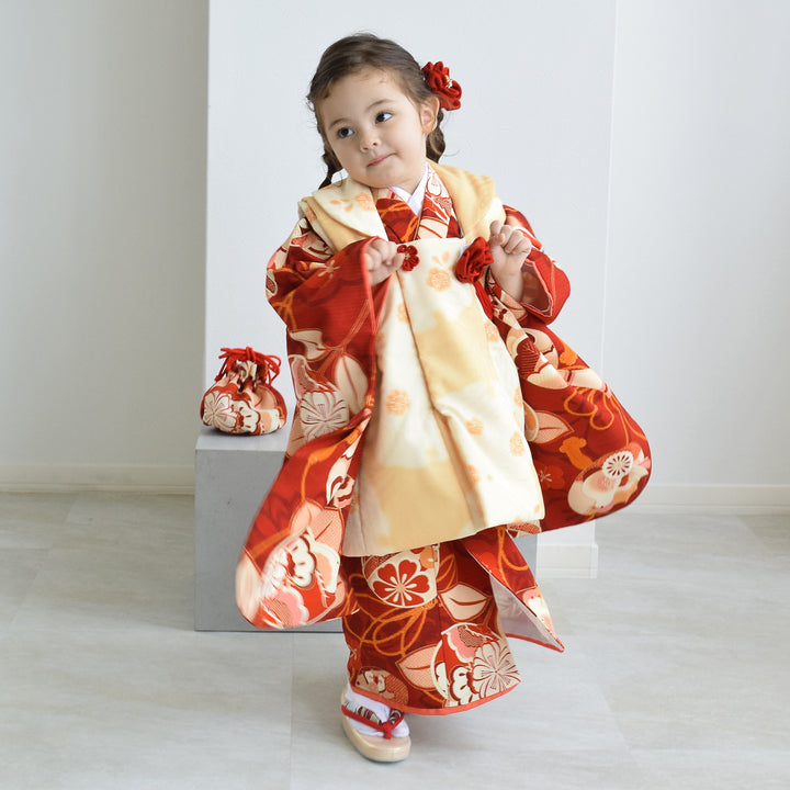 レンタル】七五三着物 3歳女の子 被布セット 京舞 雪輪に梅・薄