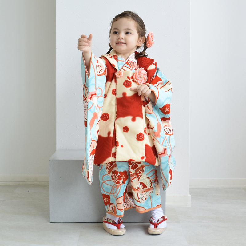 【レンタル】七五三着物 3歳女の子 被布セット 京舞 雪輪に梅・赤（1403626400）※2025年10月予約空き無し