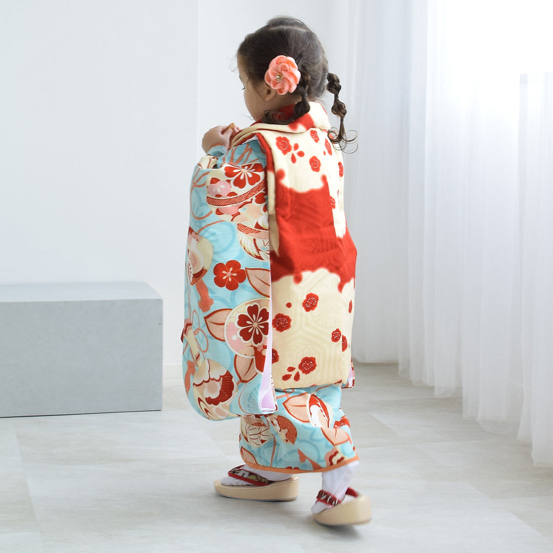 レンタル】七五三着物 3歳女の子 被布セット 京舞 雪輪に梅・赤