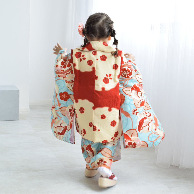 【レンタル】七五三着物 3歳女の子 被布セット 京舞 雪輪に梅・赤（1403626400）※2025年10月予約空き無し