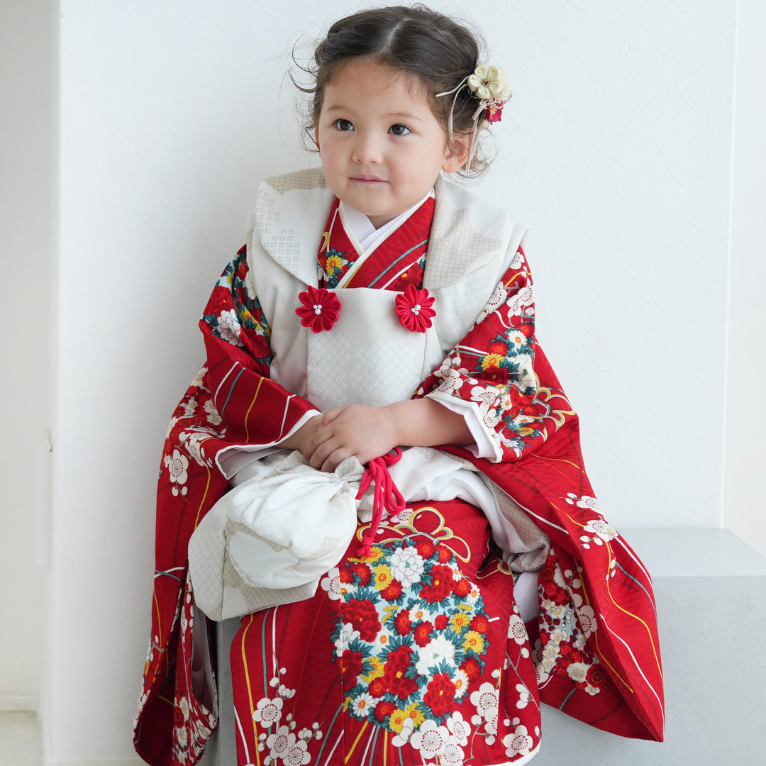 七五三用 赤と白の花柄着物 レンタル】七五三着物 3歳女の子 被布セット LOWRYS FARM 赤に小梅と花