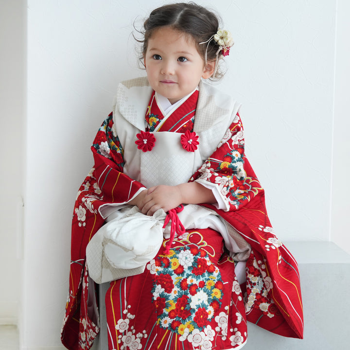 レンタル】七五三着物 3歳女の子 被布セット LOWRYS FARM 赤に小梅と花