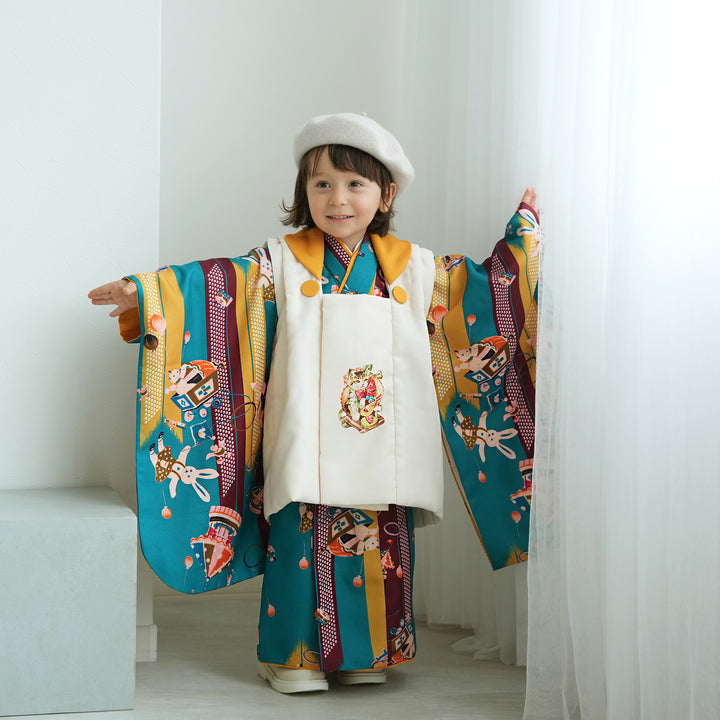 レンタル】七五三着物 3歳（男女兼用）被布セット ニコアンティーク 猫