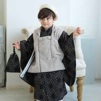 【レンタル】七五三 3歳 着物 utatane 男の子 被布セット 子供 kids 三つ身 お祝い着 往復送料無料 （1405600300）