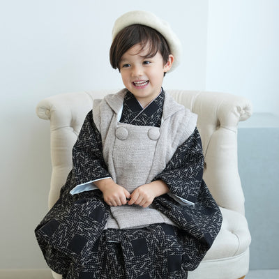 【レンタル】七五三 3歳 着物 utatane 男の子 被布セット 子供 kids 三つ身 お祝い着 往復送料無料 （1405600300）