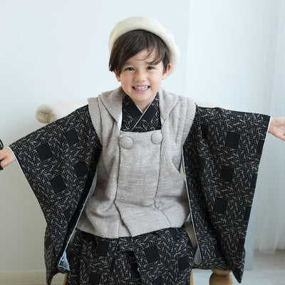 【レンタル】七五三 3歳 着物 utatane 男の子 被布セット 子供 kids 三つ身 お祝い着 往復送料無料 （1405600300）