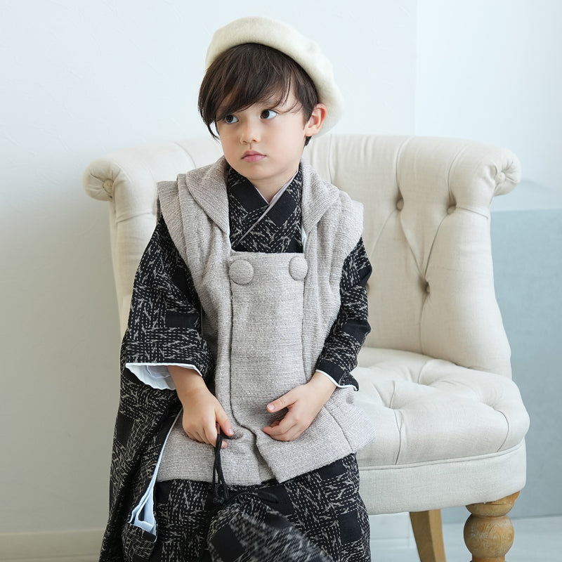 【レンタル】七五三 3歳 着物 utatane 男の子 被布セット 子供 kids 三つ身 お祝い着 往復送料無料 （1405600300）