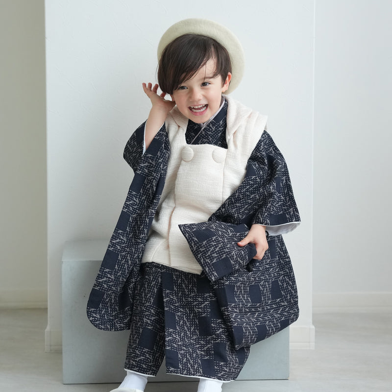 【レンタル】七五三 3歳 着物 utatane 男の子 被布セット 子供 kids 三つ身 お祝い着 往復送料無料 （1405600400）