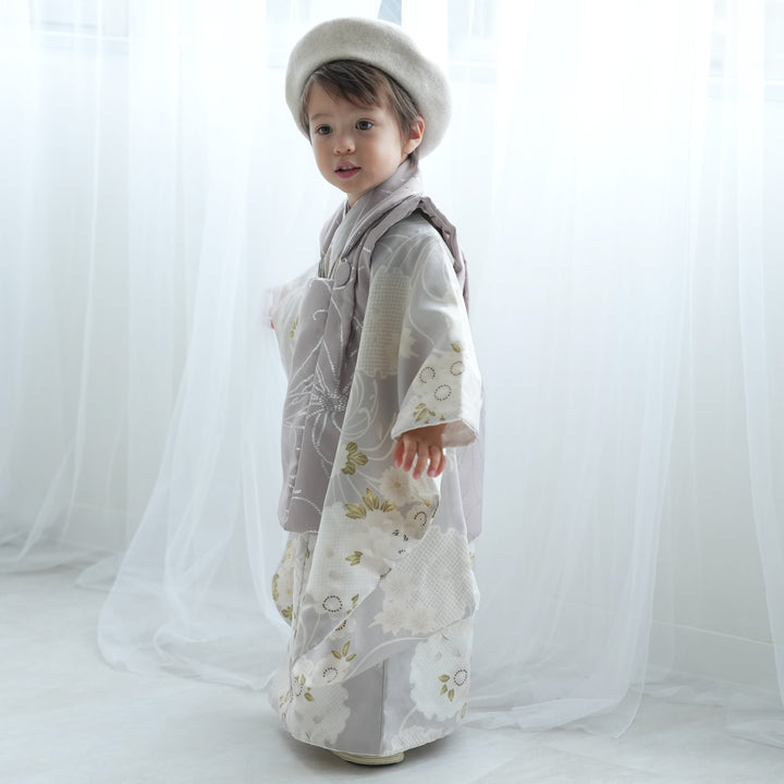 ひよこ商店　3歳　女の子　被布　七五三　グレージュ雪輪×くすみラベンダー銀彩 ひよこ商店3歳女の子被布七五三グレージュ雪輪×くすみラベンダー銀彩