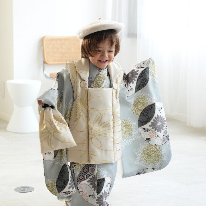 七五三着物 3歳 男の子 被布セット】販売品 ベージュ金彩×ミント
