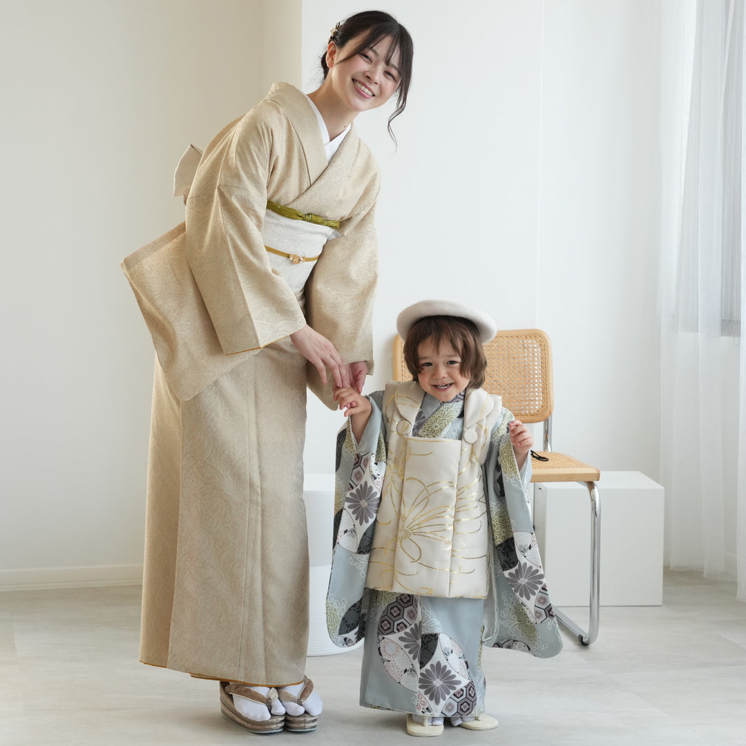 ひよこ商店　七五三着物 3歳男の子 被布セット ベージュ金彩×ミント七宝 七五三着物 3歳 男の子 被布セット】販売品 ベージュ金彩×ミント