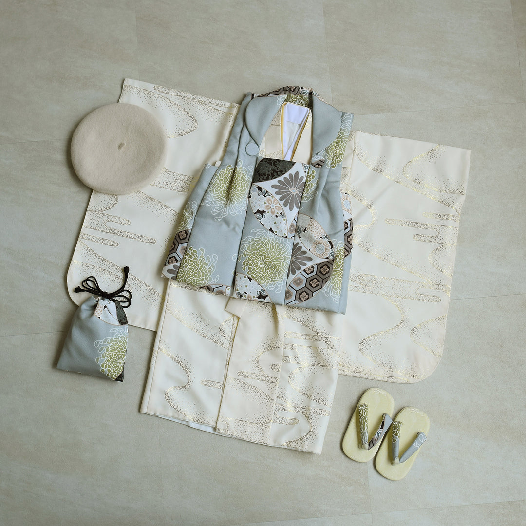 utatane　ひよこ商店　七五三　男の子　被布　クリーム金彩×ミント吉祥鶴 レンタル】七五三着物 3歳男の子 被布セット クリーム金彩