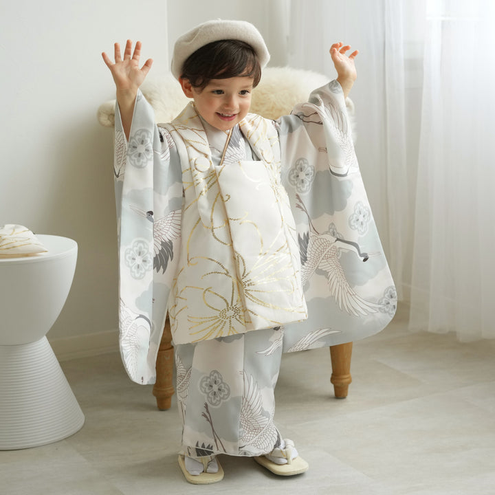 レンタル】七五三着物 3歳男の子 被布セット クリーム金彩×ミント吉祥