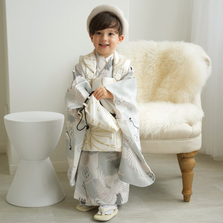 レンタル】七五三着物 3歳男の子 被布セット クリーム金彩×ミント吉祥