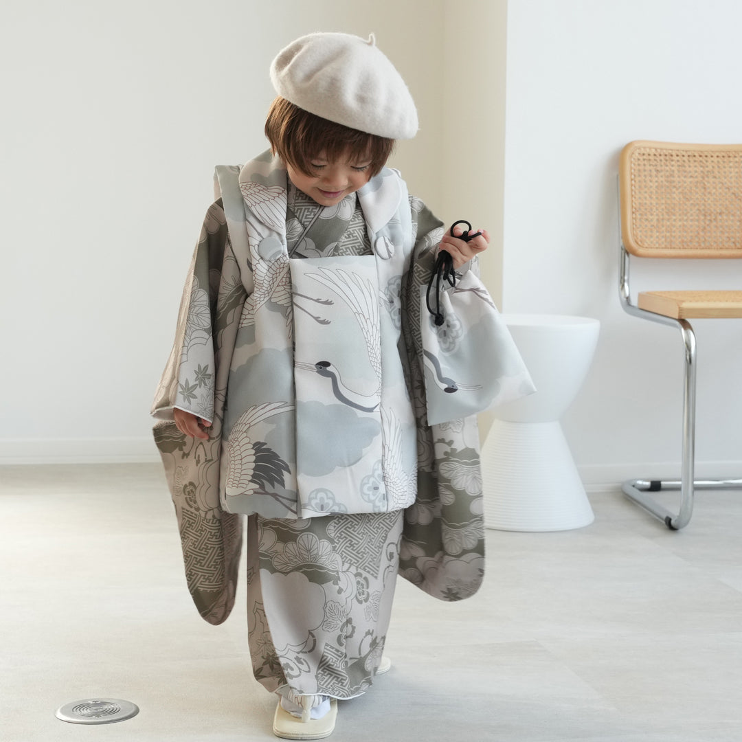 レンタル】七五三着物 3歳男の子 被布セット ミント吉祥鶴×モス