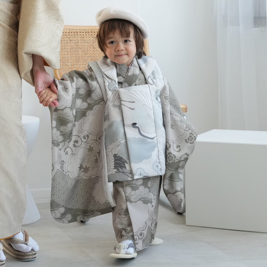 レンタル】七五三着物 3歳男の子 被布セット ミント吉祥鶴×モス