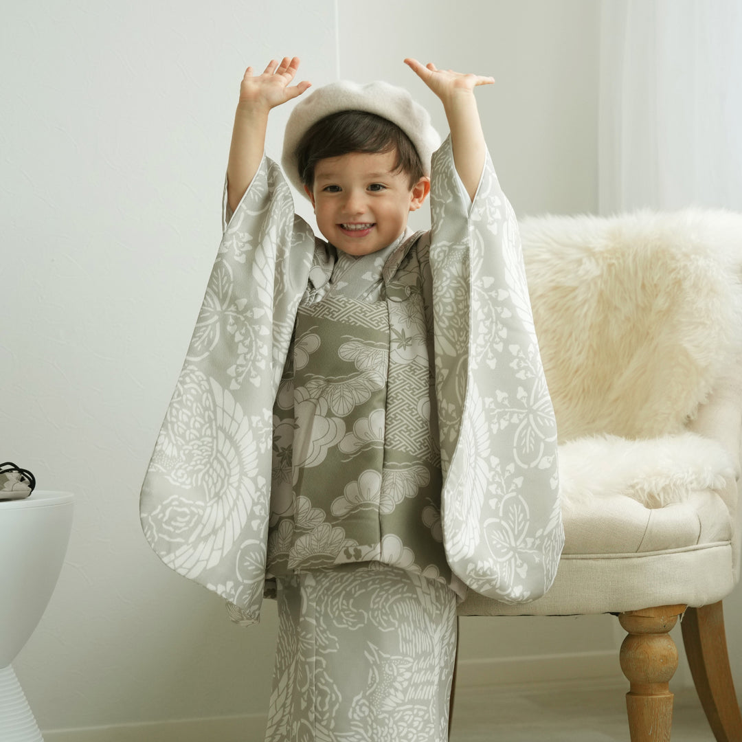 レンタル】七五三着物 3歳男の子 被布セット モスグリーン松文様×灰緑