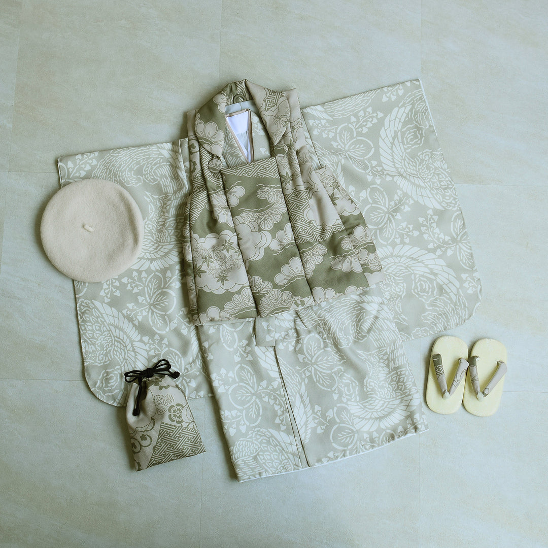 新品　ひよこ商店　3歳　フルセット　七五三 男の子　女の子　灰緑鳳凰×金彩　被布 七五三 着物 3歳 男の子 被布 ひよこ商店 kids ベレー帽つき被布