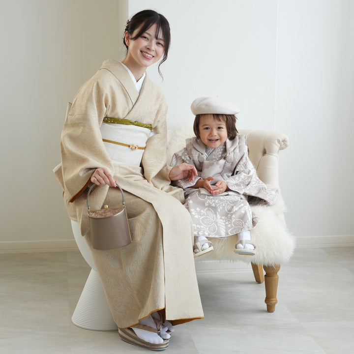 【1月末までの出品】七五三 3歳 男の子 ウタタネ ひよこ商店 レンタル】七五三着物 3歳男の子 被布セット ベージュ松文様×白茶鳳凰