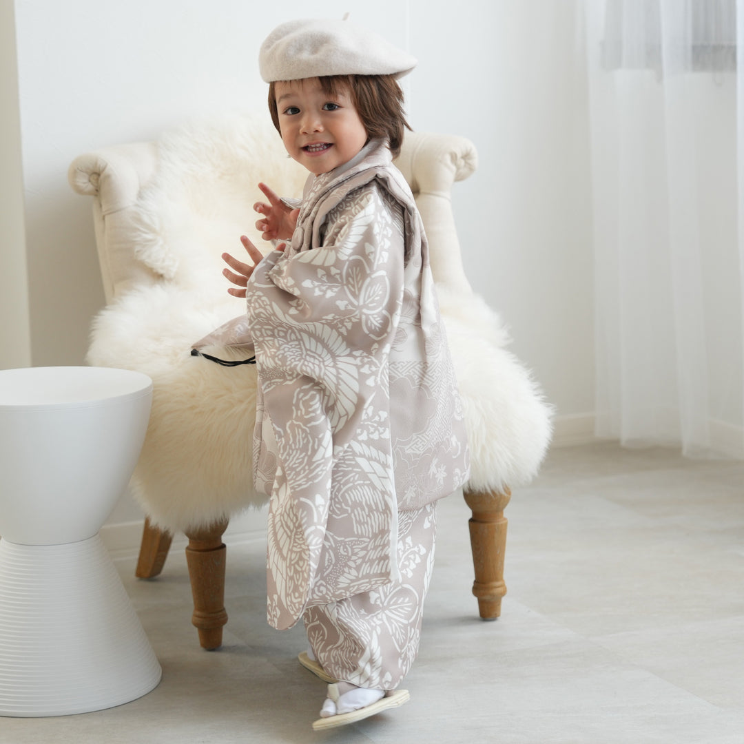 レンタル】七五三着物 3歳男の子 被布セット ベージュ松文様×白茶鳳凰