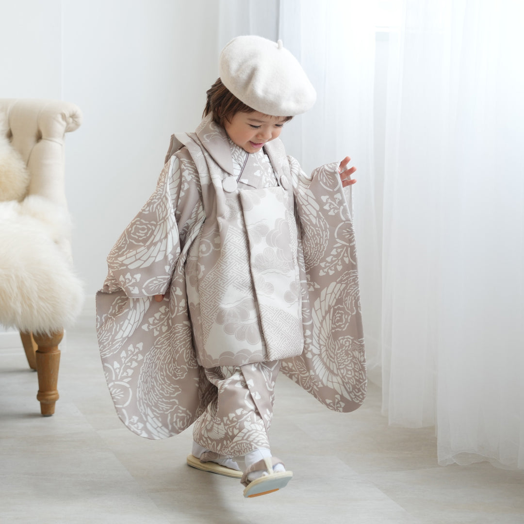 レンタル】七五三着物 3歳男の子 被布セット ベージュ松文様×白茶鳳凰