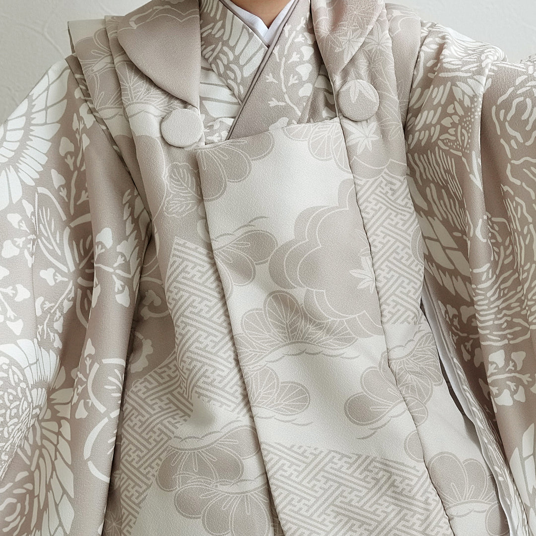 レンタル】七五三着物 3歳男の子 被布セット ベージュ松文様×白茶鳳凰