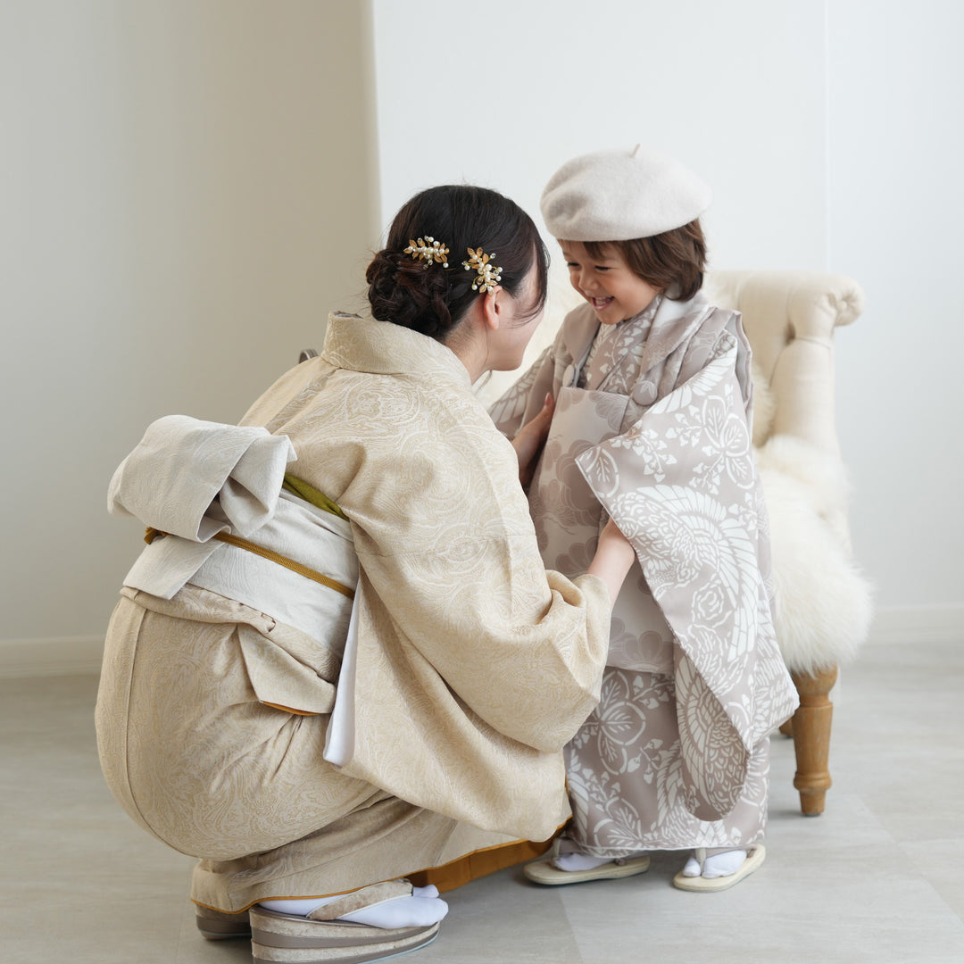 レンタル】七五三着物 3歳男の子 被布セット ベージュ松文様×白茶鳳凰