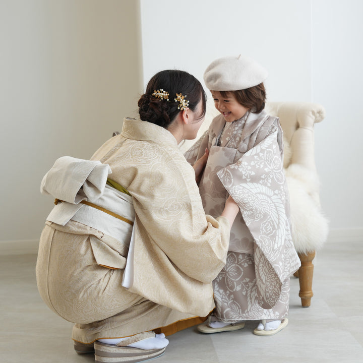 レンタル】七五三着物 3歳男の子 被布セット ベージュ松文様×白茶鳳凰