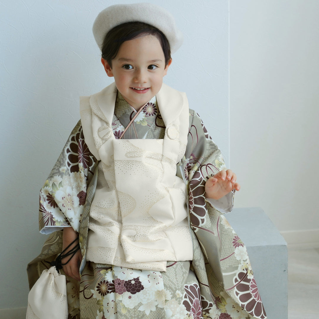 utatane　ひよこ商店　七五三　男の子　被布　クリーム金彩×ミント吉祥鶴 レンタル】七五三着物 3歳男の子 被布セット ミント七宝