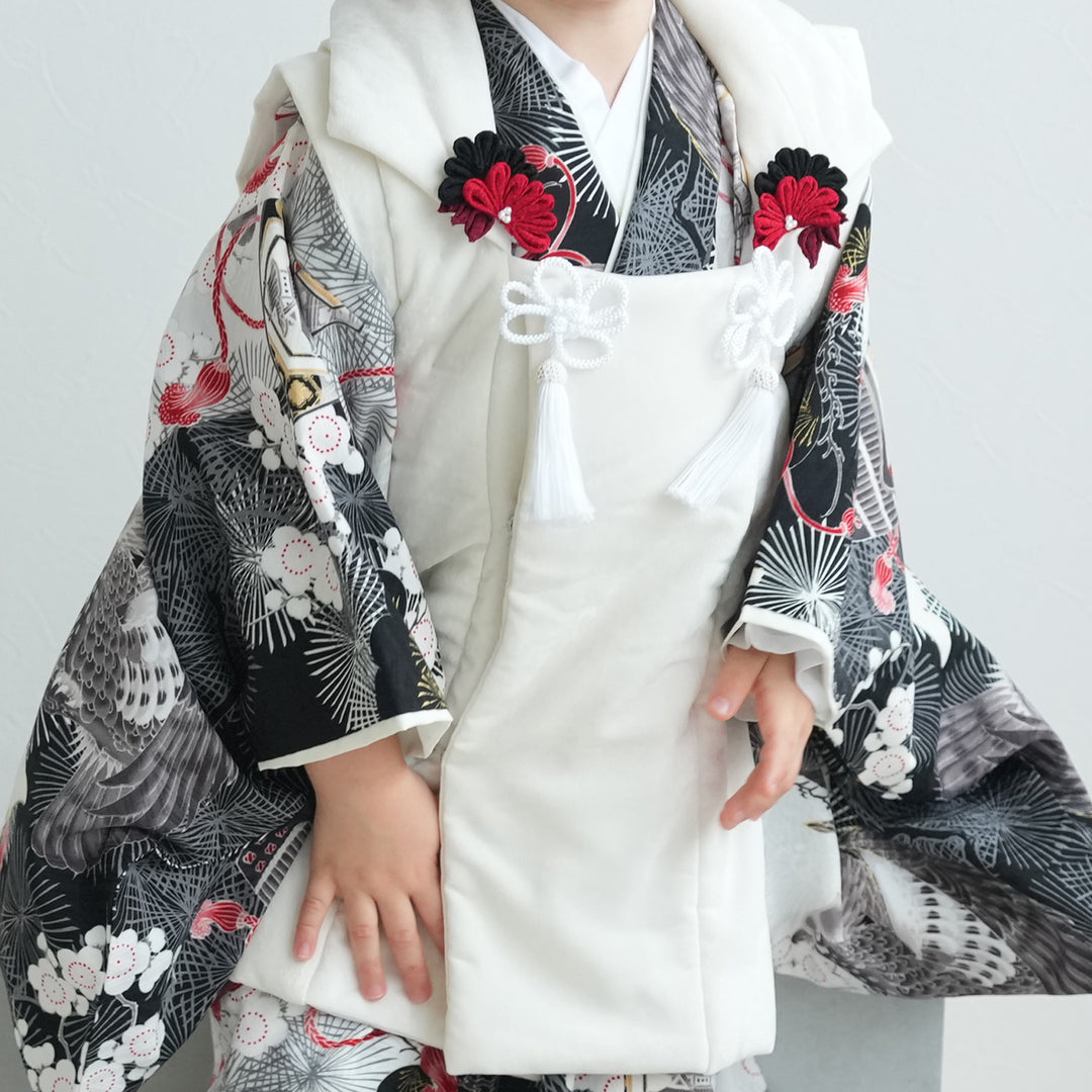 レンタル】七五三着物 3歳男の子 被布セット 松に鷹・黒 華徒然