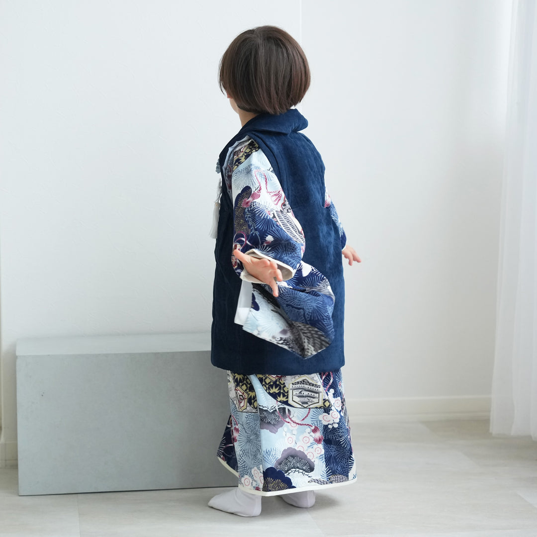 七五三 着物 3歳 男の子 被布セット「紺×水色 葵の丸」日本製 三