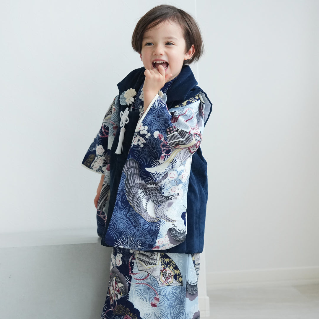 レンタル】七五三着物 3歳男の子 被布セット 松に鷹・紺 華徒然