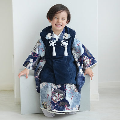【レンタル】七五三着物 3歳男の子 被布セット  松に鷹・紺 華徒然（1405606700）