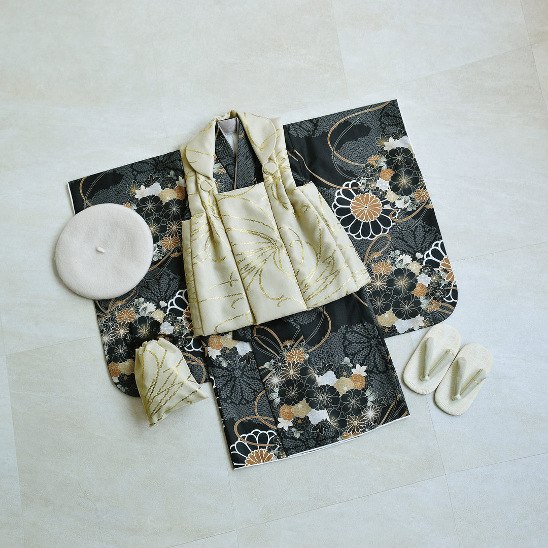 レンタル】七五三着物 3歳男の子 ベレー帽つき被布セット ベージュ金彩