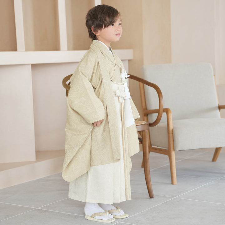 utatane 5歳 七五三 袴　ジャガードペイズリー オフホワイト×ベージュ レンタル】七五三 5歳 着物 男の子 utatane 袴セット 子供 kids 羽織